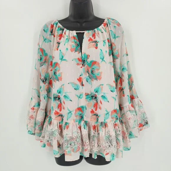 Kaari Blue Sz L Multi Pink Floral Santorini 3/4 Sleeve Ruffle Front Tie Top Lace - Picture 3 of 13